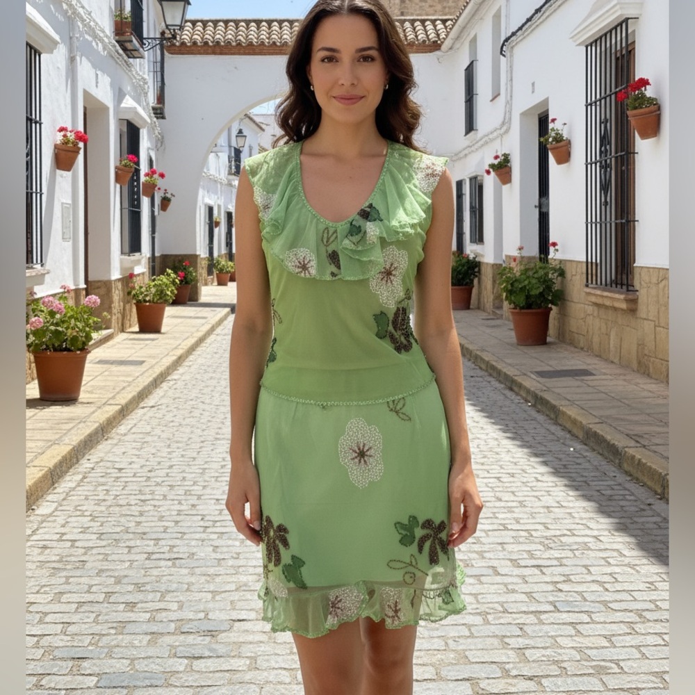 Green Floral Ruffle hand beaded on stretch power mesh Sleeveless top & skirt set